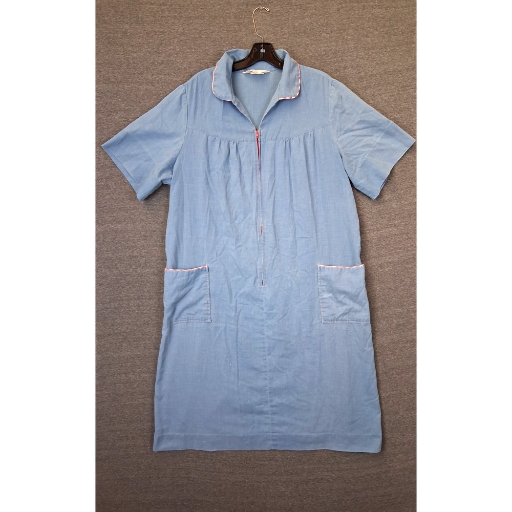 VTG Sears Dress XL Blue Chambray Zip Dash 60s 70s USA Americana Retro Tradwife